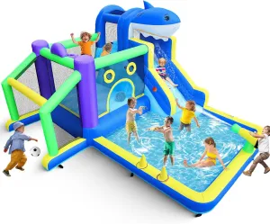10-in-1 Inflatable Bounce House Water Slide for Kids, 13.3x11.3FT Large Toddler Park with Splash Pool, Jumping, Climbing Wall, Water Cannon, Basket, Football Area, Ball Shootings, 450W Air Blower
