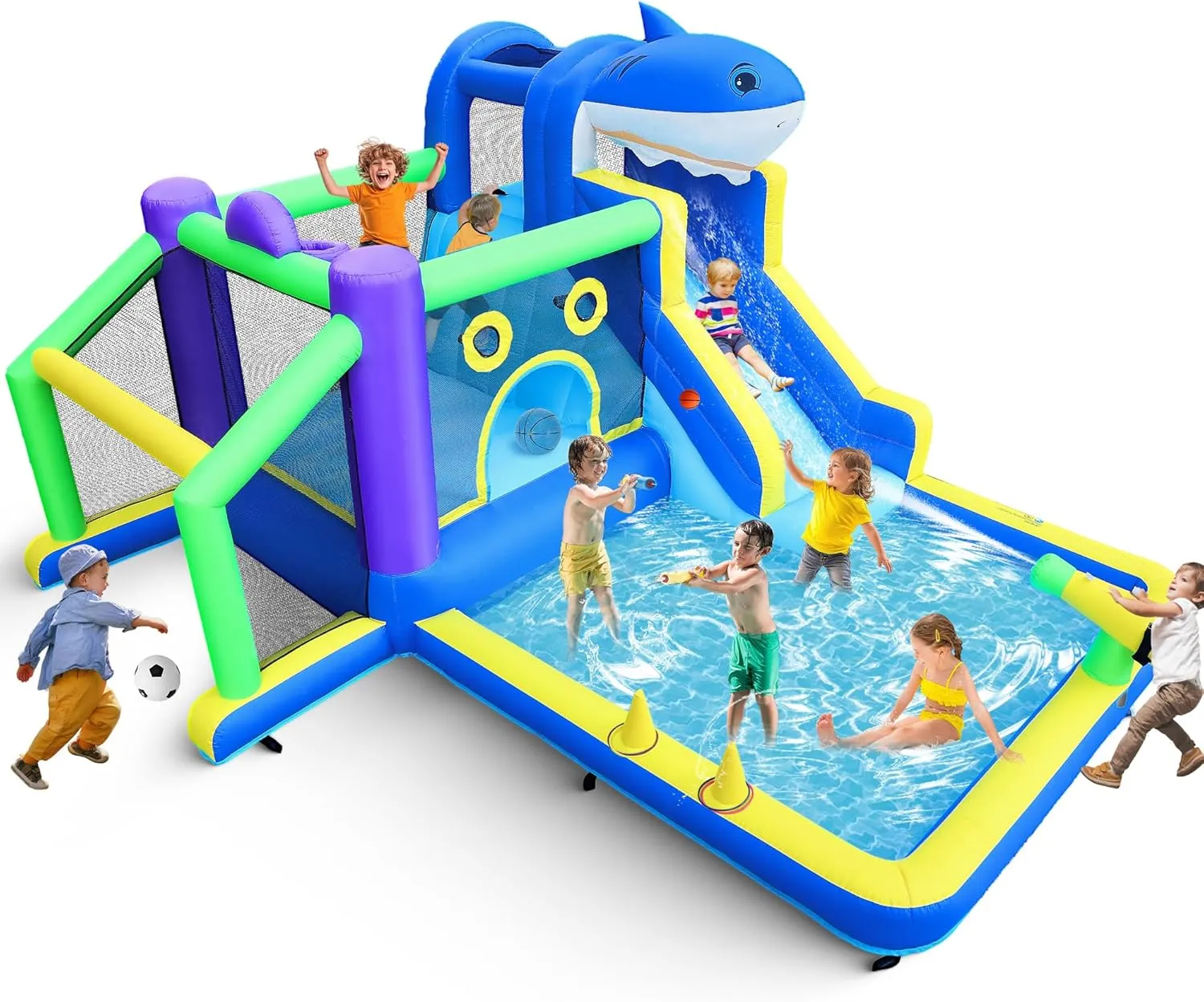 10-in-1 Inflatable Bounce House Water Slide for Kids, 13.3x11.3FT Large Toddler Park with Splash Pool, Jumping, Climbing Wall, Water Cannon, Basket, Football Area, Ball Shootings, 450W Air Blower