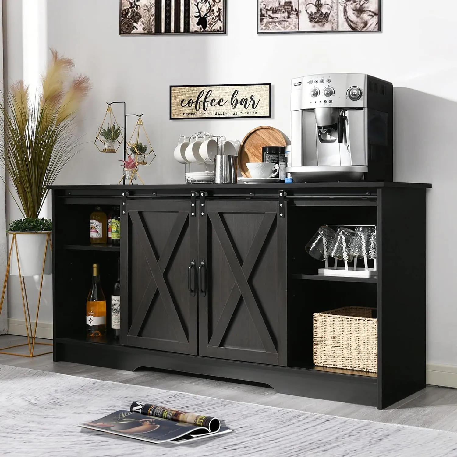 4 EVER WINNER Buffet Cabinet with Storage, 59" Large Kitchen Storage Cabinet with Sliding Barn Doors, Farmhouse Coffee Bar Cabinet Cupboard for Kitchen, Dining Room, Espresso