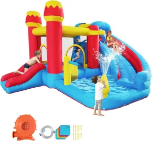 6-in-1 Bounce House Inflatable Water Slide for Kids, Toddler Park with Splash Pool, Indoor Backyard Safe Bouncy Castle, Climbing Wall, Trampoline, Water Cannon, Basket, Air Blower Included