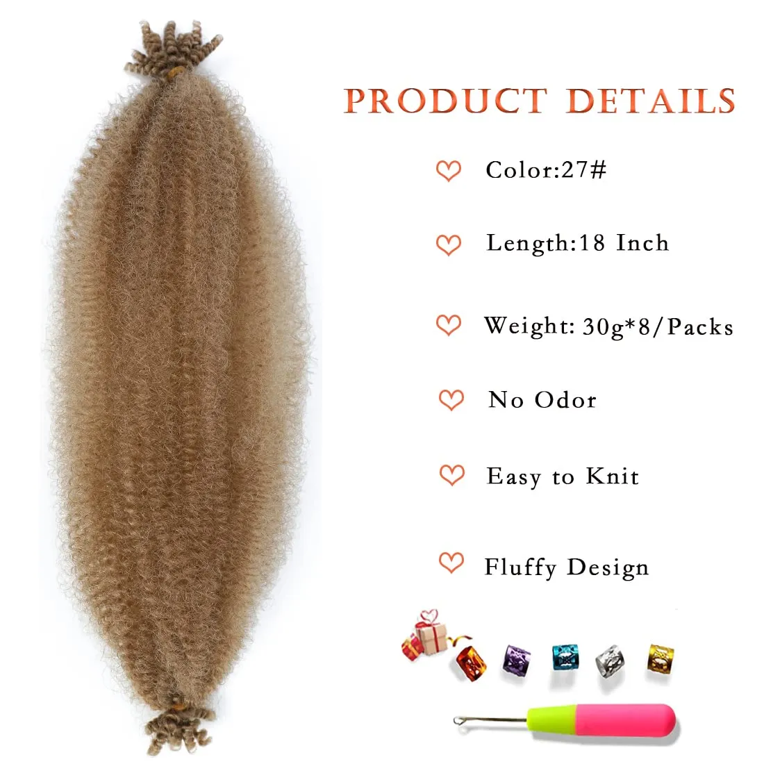 8 Packs Pre-Separated Springy Afro Twist Hair Suitable for Damaged Soft Locs Synthetic Marley Twist Braiding (18 Inch, 27#)