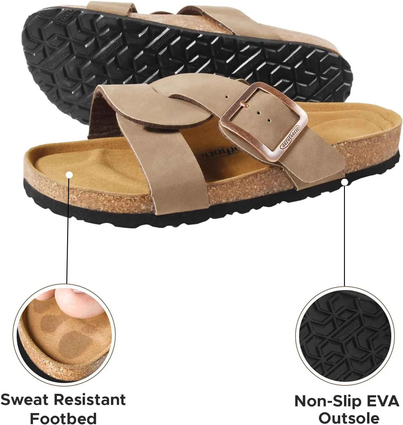 AEROTHOTIC Cork Recovery Slides for Women with Plantar Fasciitis Relief Comfortable Suede Footbed with Adjustable Buckle Cross Strappy Slip on Casual Travel Walking Beach Ladies Sandals