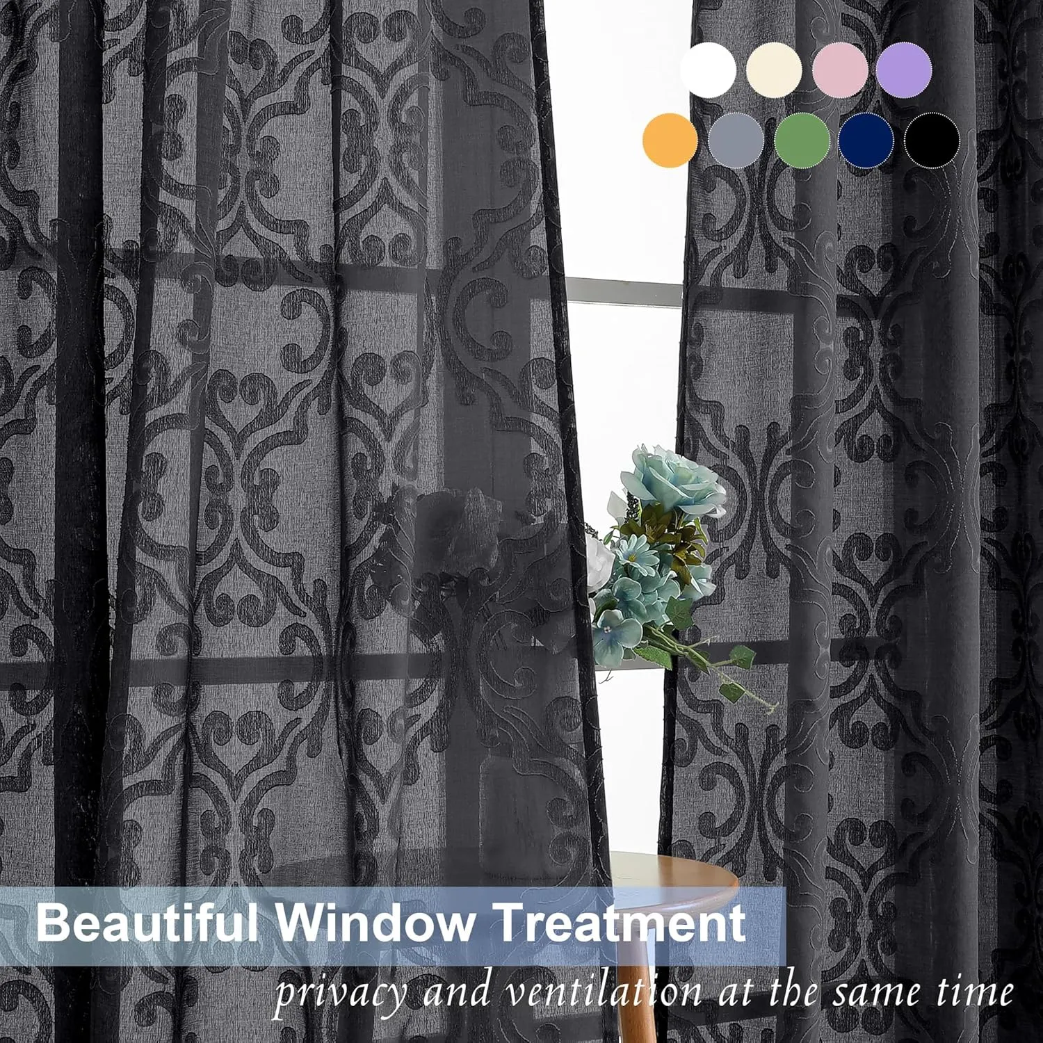 Aiyufeng Sheer Black Curtains 96 Inches Long for Living Room 2 Panels Set, Soft Lightweight & Breathable Semi Sheer Fabric Long Curtains for Bedroom, Jacquard Clip Floral, 54Wx96L Inch
