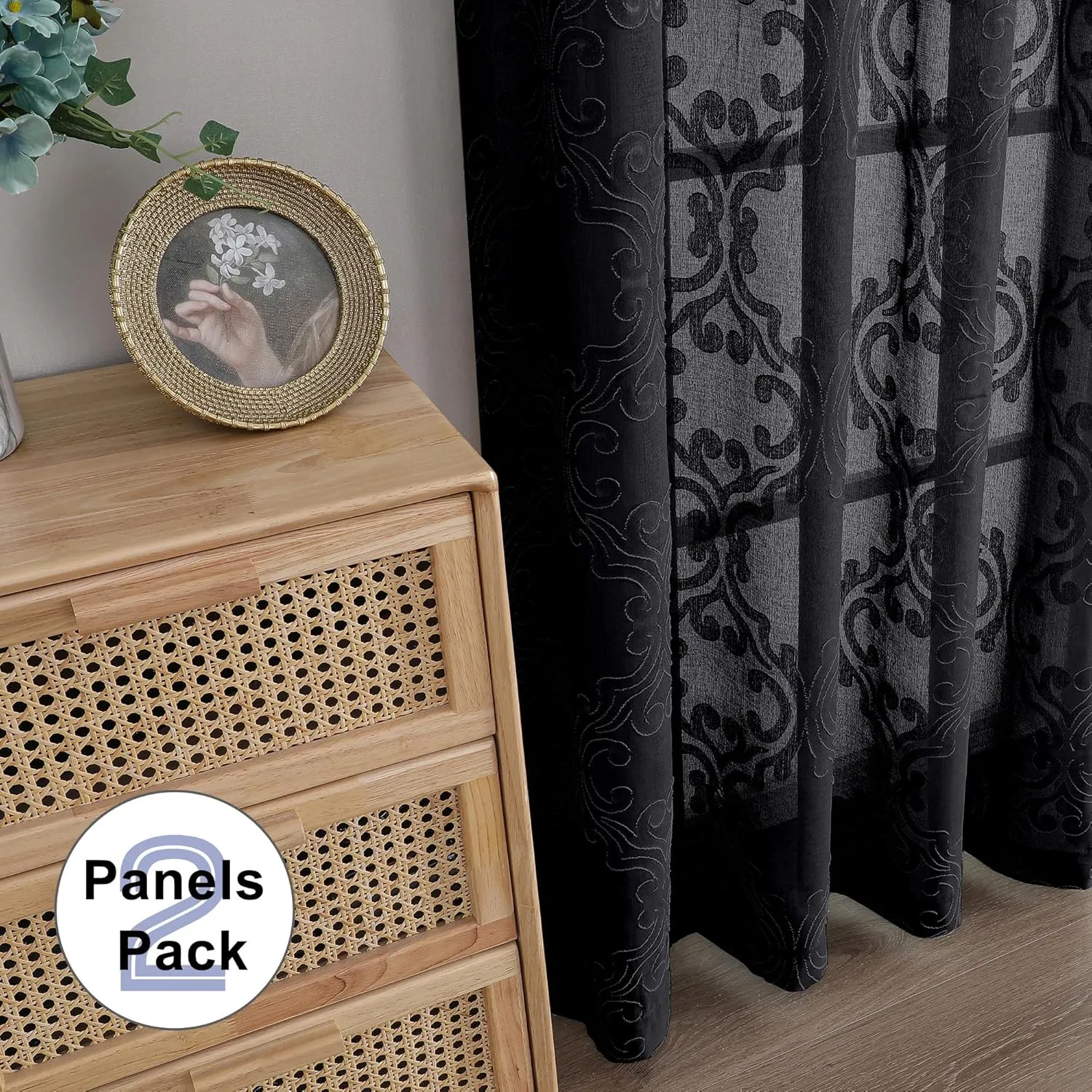 Aiyufeng Sheer Black Curtains 96 Inches Long for Living Room 2 Panels Set, Soft Lightweight & Breathable Semi Sheer Fabric Long Curtains for Bedroom, Jacquard Clip Floral, 54Wx96L Inch