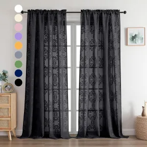 Aiyufeng Sheer Black Curtains 96 Inches Long for Living Room 2 Panels Set, Soft Lightweight & Breathable Semi Sheer Fabric Long Curtains for Bedroom, Jacquard Clip Floral, 54Wx96L Inch