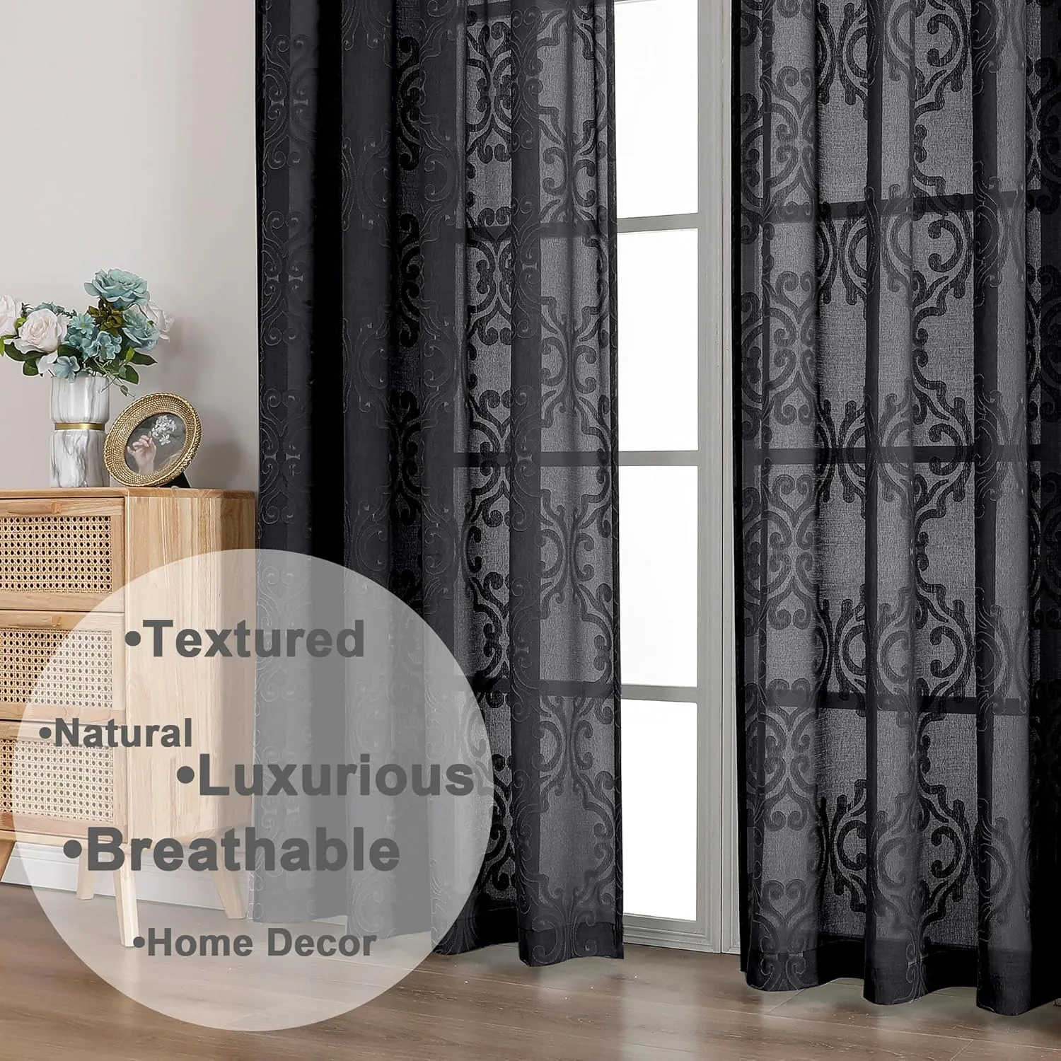 Aiyufeng Sheer Black Curtains 96 Inches Long for Living Room 2 Panels Set, Soft Lightweight & Breathable Semi Sheer Fabric Long Curtains for Bedroom, Jacquard Clip Floral, 54Wx96L Inch