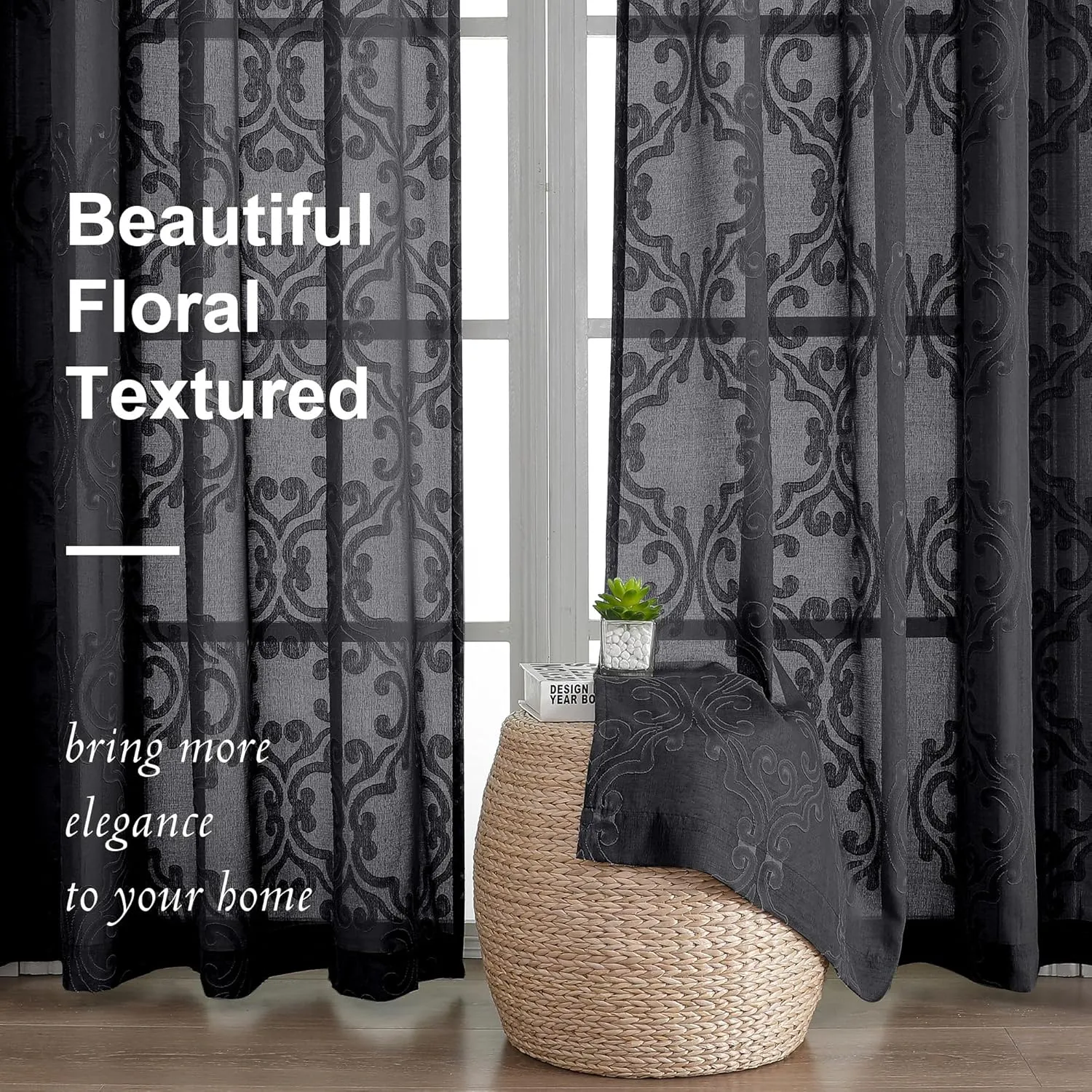 Aiyufeng Sheer Black Curtains 96 Inches Long for Living Room 2 Panels Set, Soft Lightweight & Breathable Semi Sheer Fabric Long Curtains for Bedroom, Jacquard Clip Floral, 54Wx96L Inch