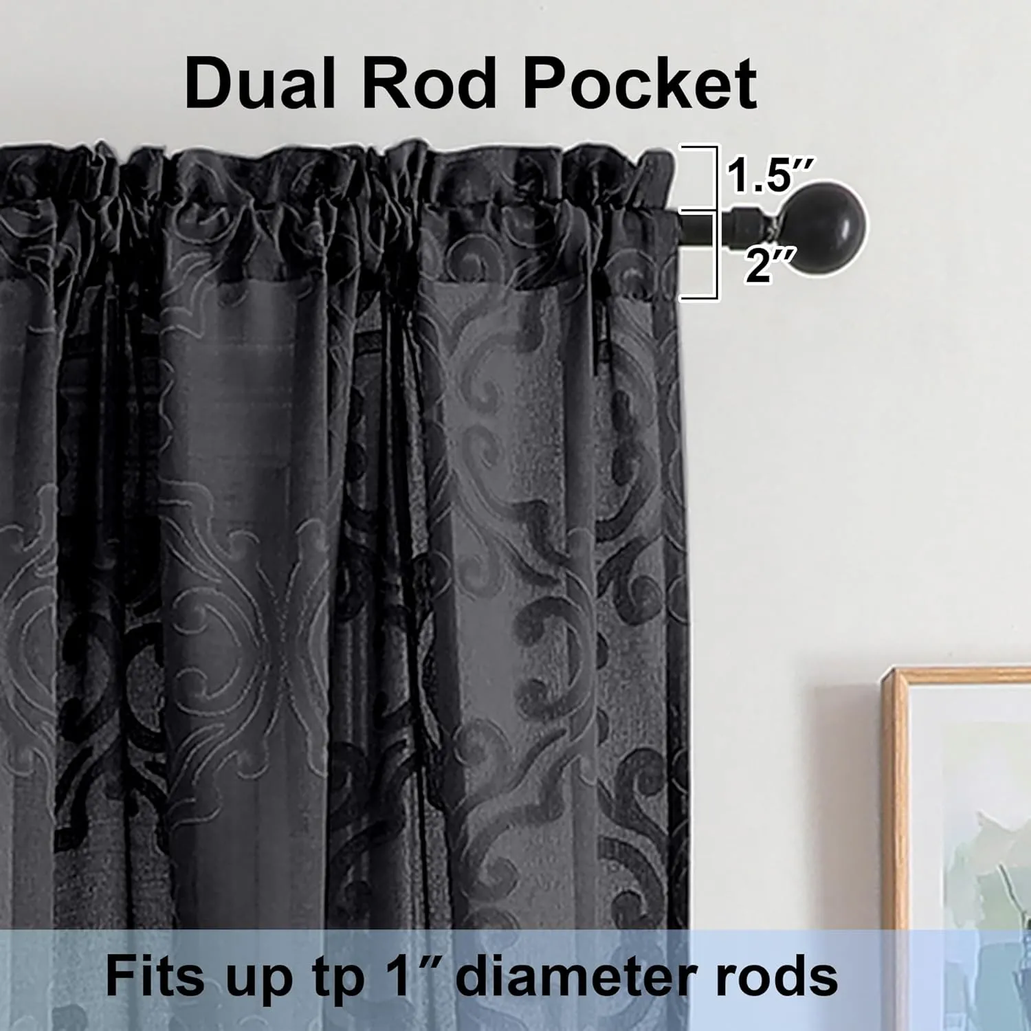 Aiyufeng Sheer Black Curtains 96 Inches Long for Living Room 2 Panels Set, Soft Lightweight & Breathable Semi Sheer Fabric Long Curtains for Bedroom, Jacquard Clip Floral, 54Wx96L Inch
