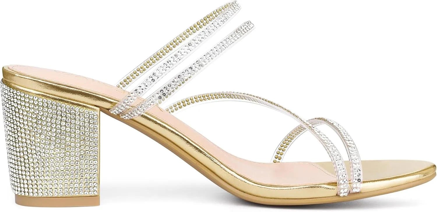 Allegra K Women's Strappy Rhinestone Block Heel Slide Sandals