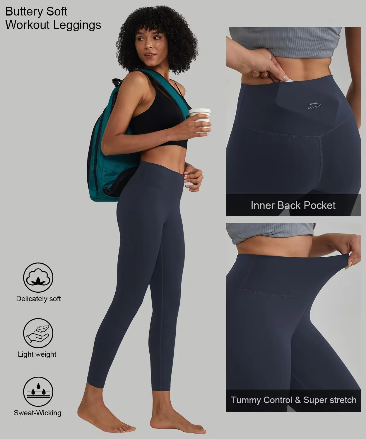ALONG FIT High Waisted Leggings with Pockets, Tummy Control Workout Leggings for Women 25’’ Soft Yoga Pants Gym Sport Lounge