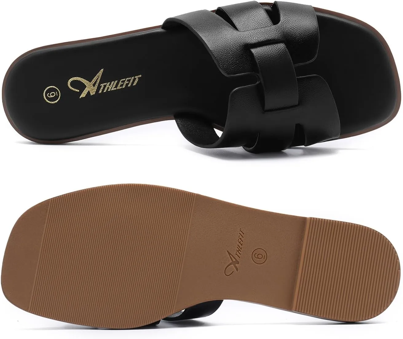 Athlefit Women's Flat Sandals Dressy Summer Square Open Toe Slip On Leather Slide Sandals