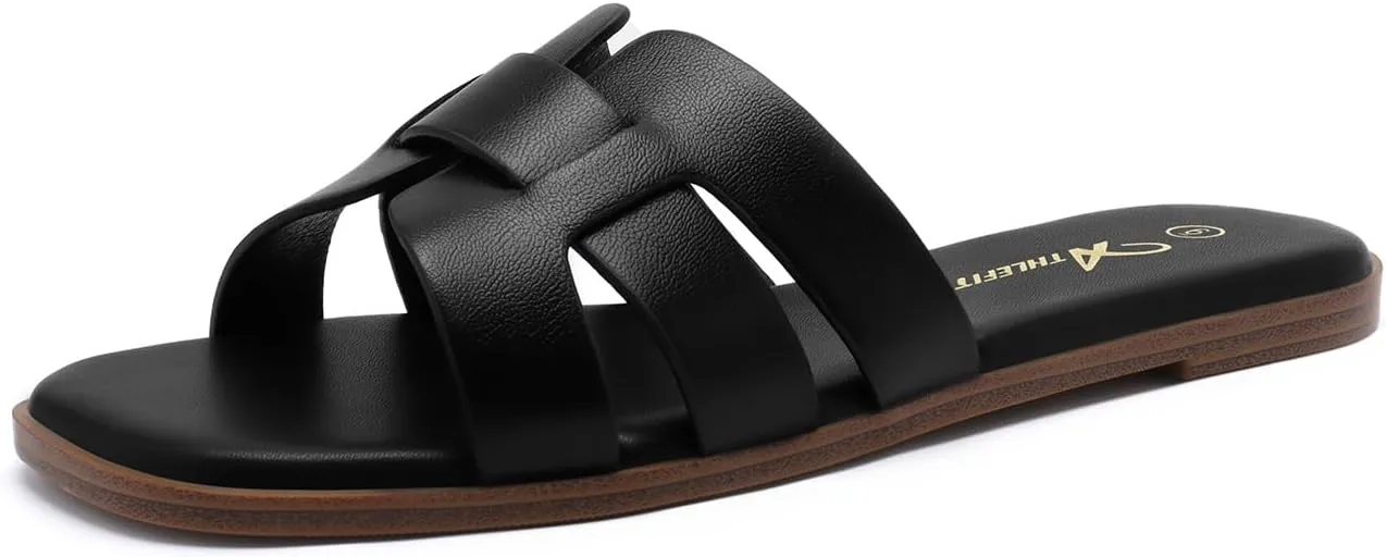 Athlefit Women's Flat Sandals Dressy Summer Square Open Toe Slip On Leather Slide Sandals