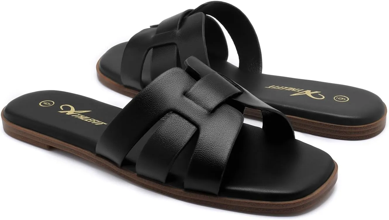 Athlefit Women's Flat Sandals Dressy Summer Square Open Toe Slip On Leather Slide Sandals