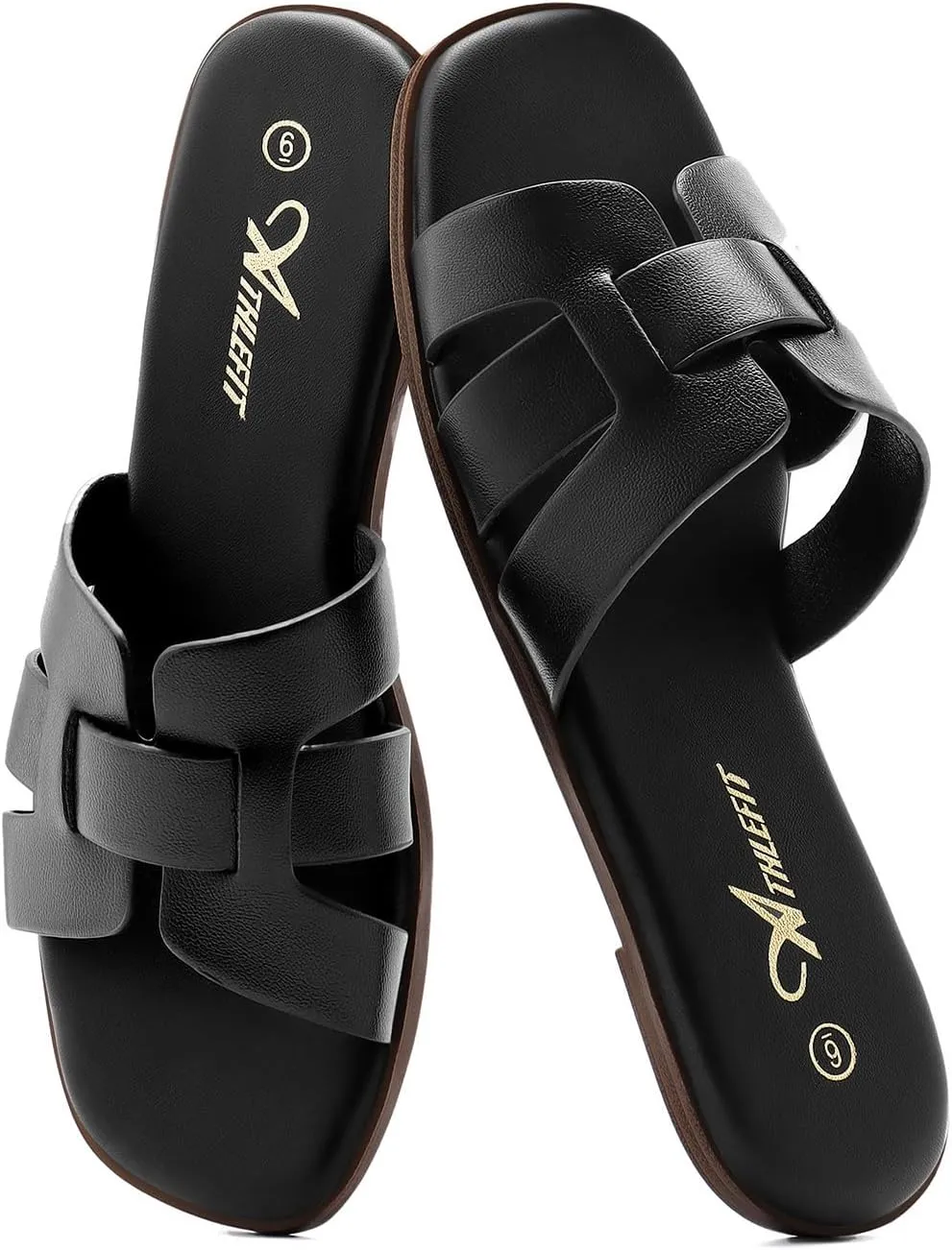 Athlefit Women's Flat Sandals Dressy Summer Square Open Toe Slip On Leather Slide Sandals