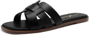 Athlefit Women's Flat Sandals Dressy Summer Square Open Toe Slip On Leather Slide Sandals