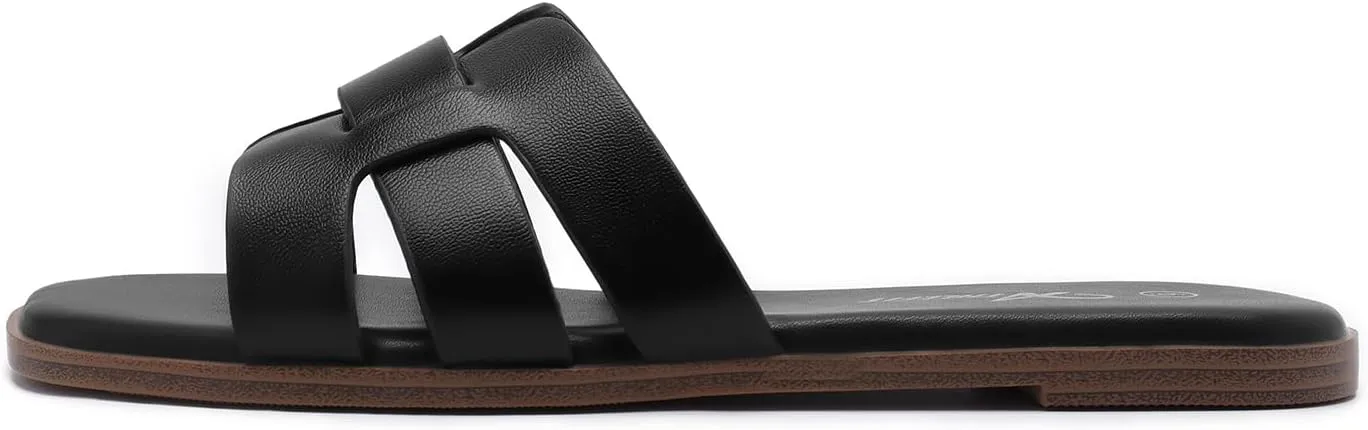 Athlefit Women's Flat Sandals Dressy Summer Square Open Toe Slip On Leather Slide Sandals