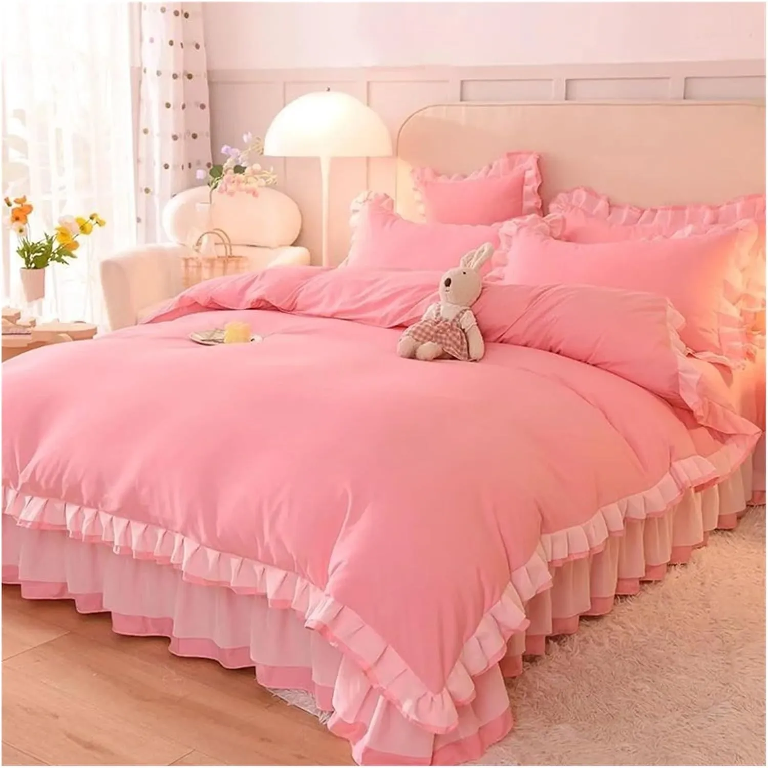Bed Sheets Set, Pink Princess Lace Bedding Set Duvet Cover Sheet and Pillowcase Luxury Bedding(B,Twin)