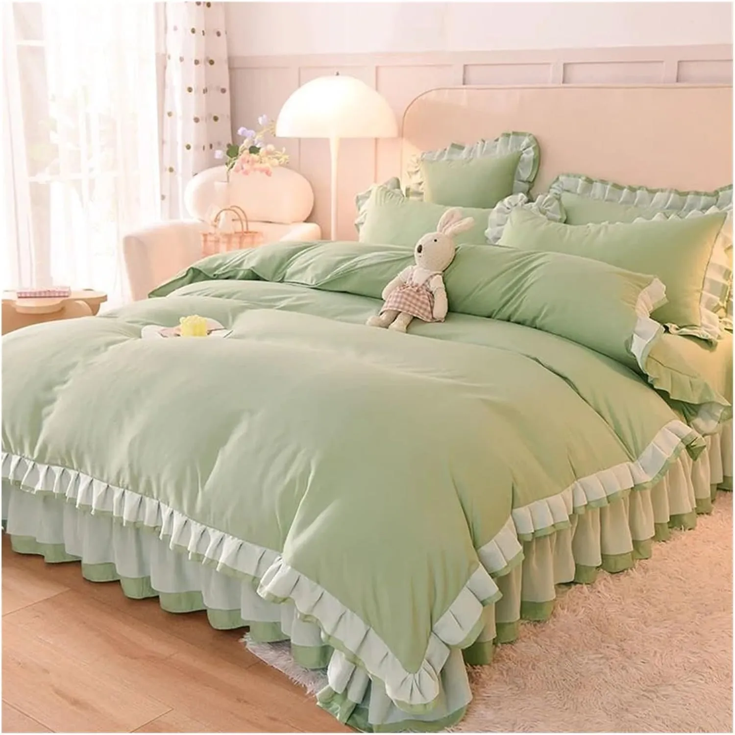 Bed Sheets Set, Pink Princess Lace Bedding Set Duvet Cover Sheet and Pillowcase Luxury Bedding(B,Twin)