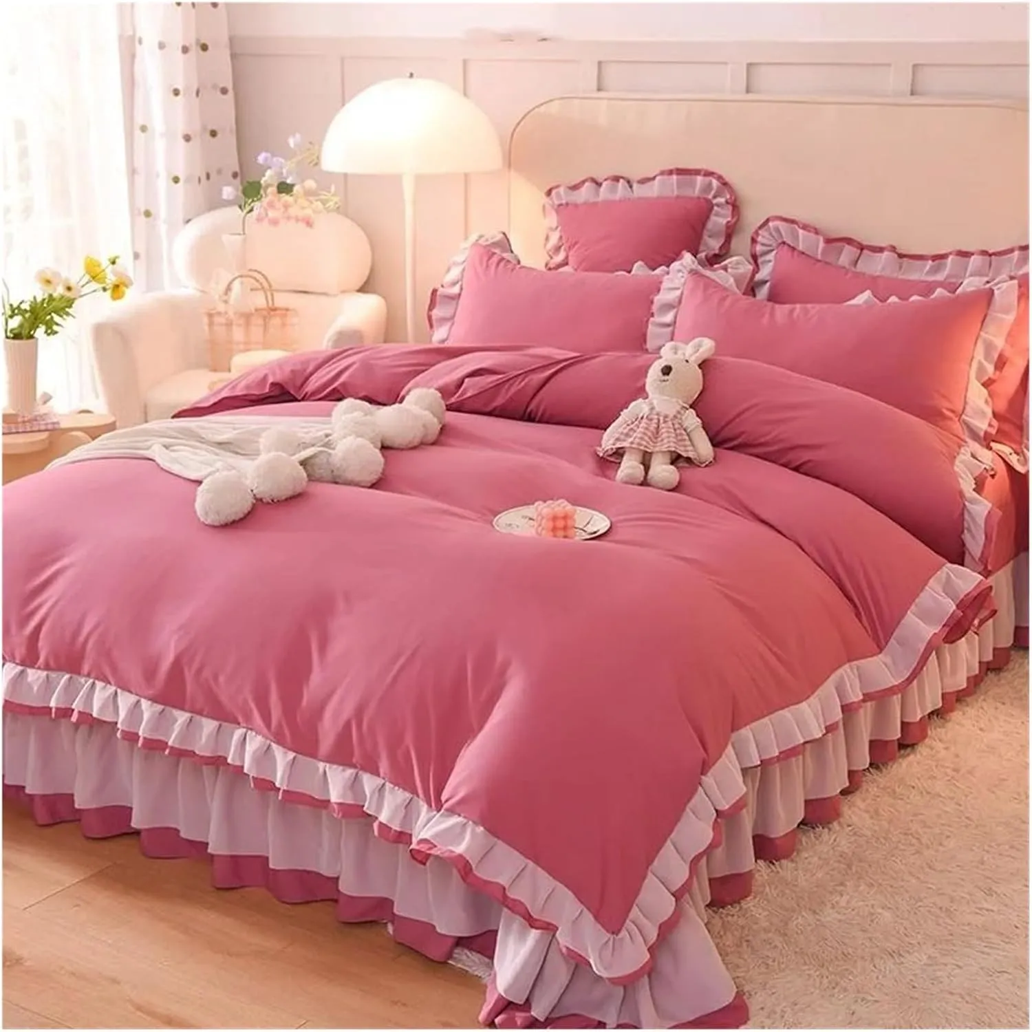 Bed Sheets Set, Pink Princess Lace Bedding Set Duvet Cover Sheet and Pillowcase Luxury Bedding(B,Twin)