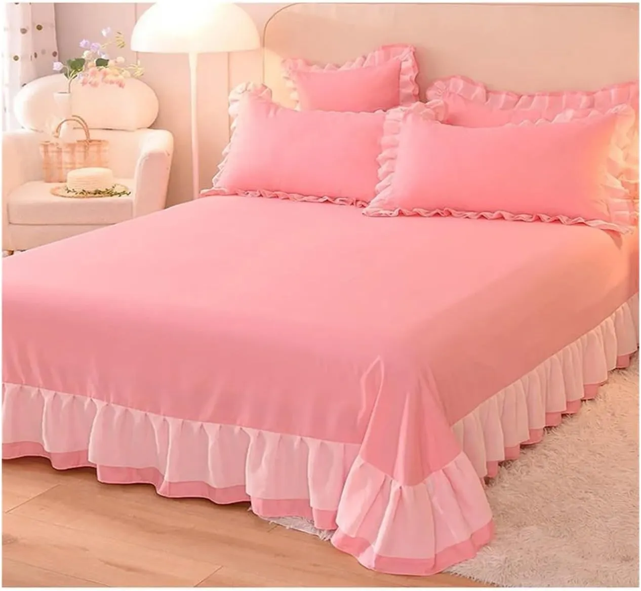 Bed Sheets Set, Pink Princess Lace Bedding Set Duvet Cover Sheet and Pillowcase Luxury Bedding(B,Twin)