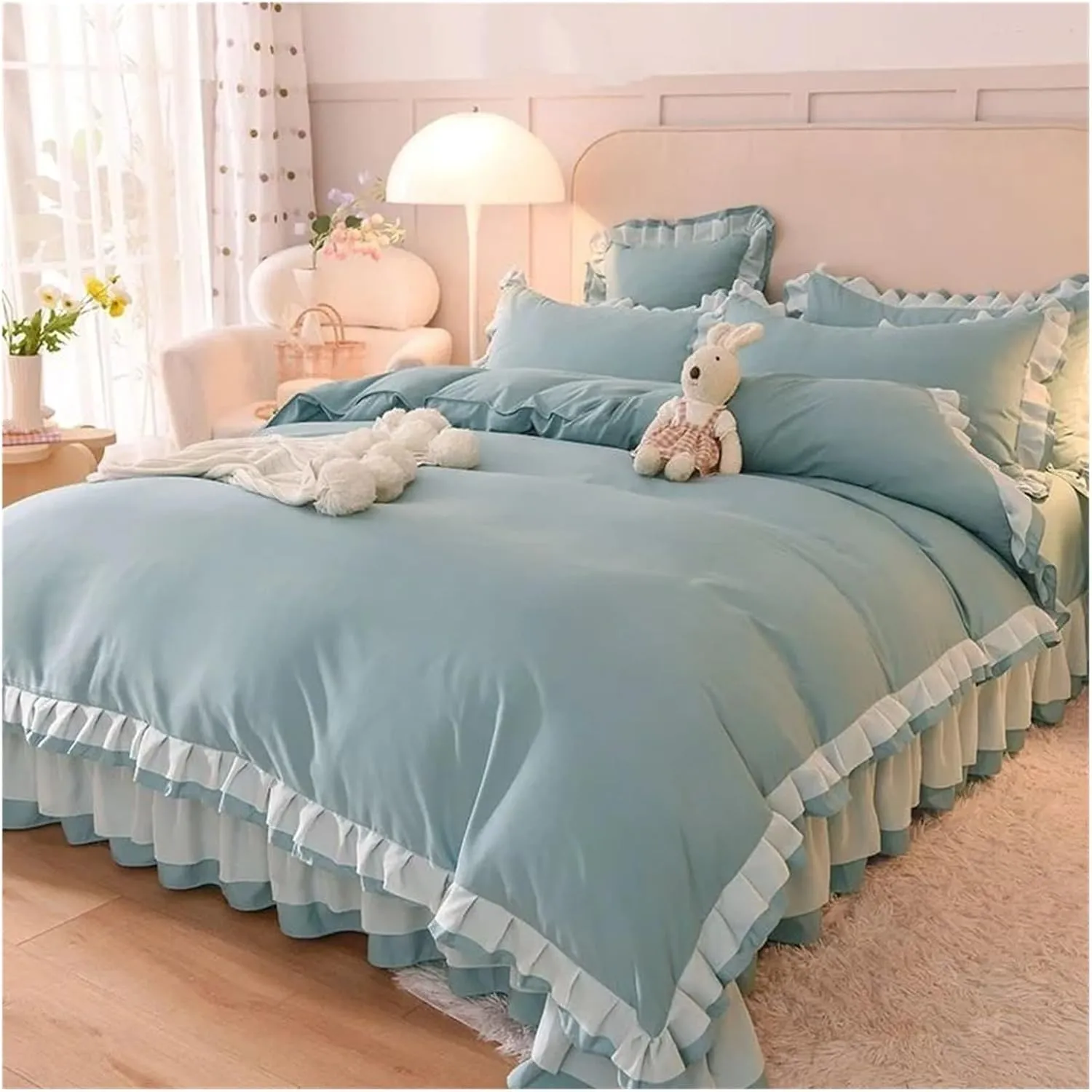 Bed Sheets Set, Pink Princess Lace Bedding Set Duvet Cover Sheet and Pillowcase Luxury Bedding(B,Twin)