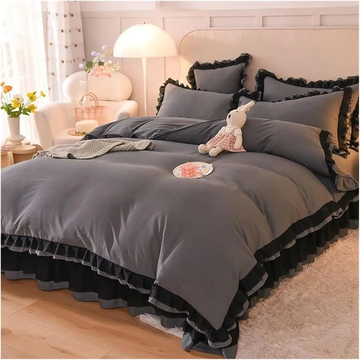 Bed Sheets Set, Pink Princess Lace Bedding Set Duvet Cover Sheet and Pillowcase Luxury Bedding(B,Twin)