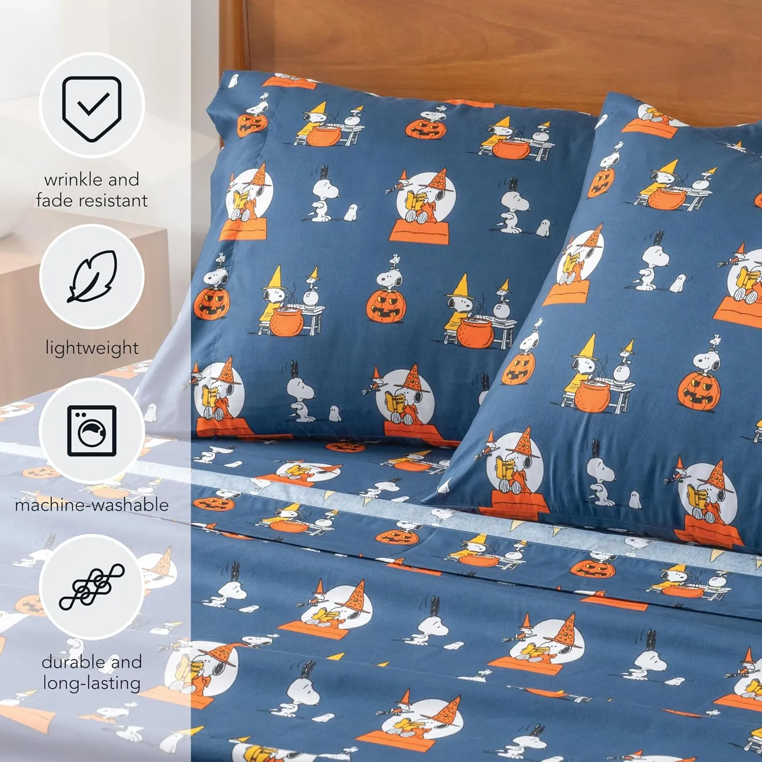 Berkshire Blanket Peanuts® Kids Sheet Set Full Size - 4 Pieces,Cute Character Snoopy Printed Soft Microfiber Bed Sheets,Halloween Magic Potions Sheet Navy