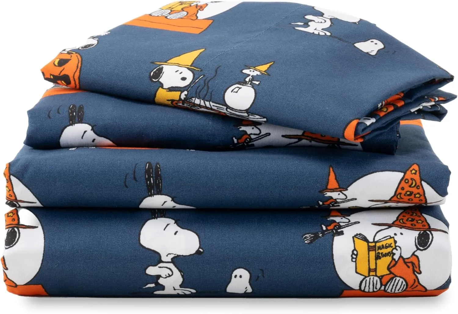 Berkshire Blanket Peanuts® Kids Sheet Set Full Size - 4 Pieces,Cute Character Snoopy Printed Soft Microfiber Bed Sheets,Halloween Magic Potions Sheet Navy