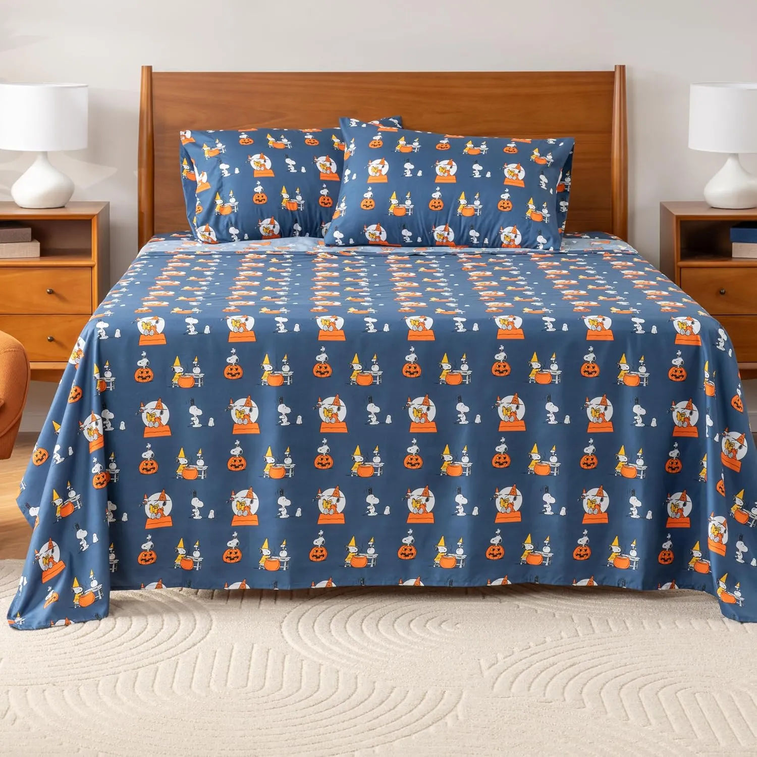 Berkshire Blanket Peanuts® Kids Sheet Set Full Size - 4 Pieces,Cute Character Snoopy Printed Soft Microfiber Bed Sheets,Halloween Magic Potions Sheet Navy