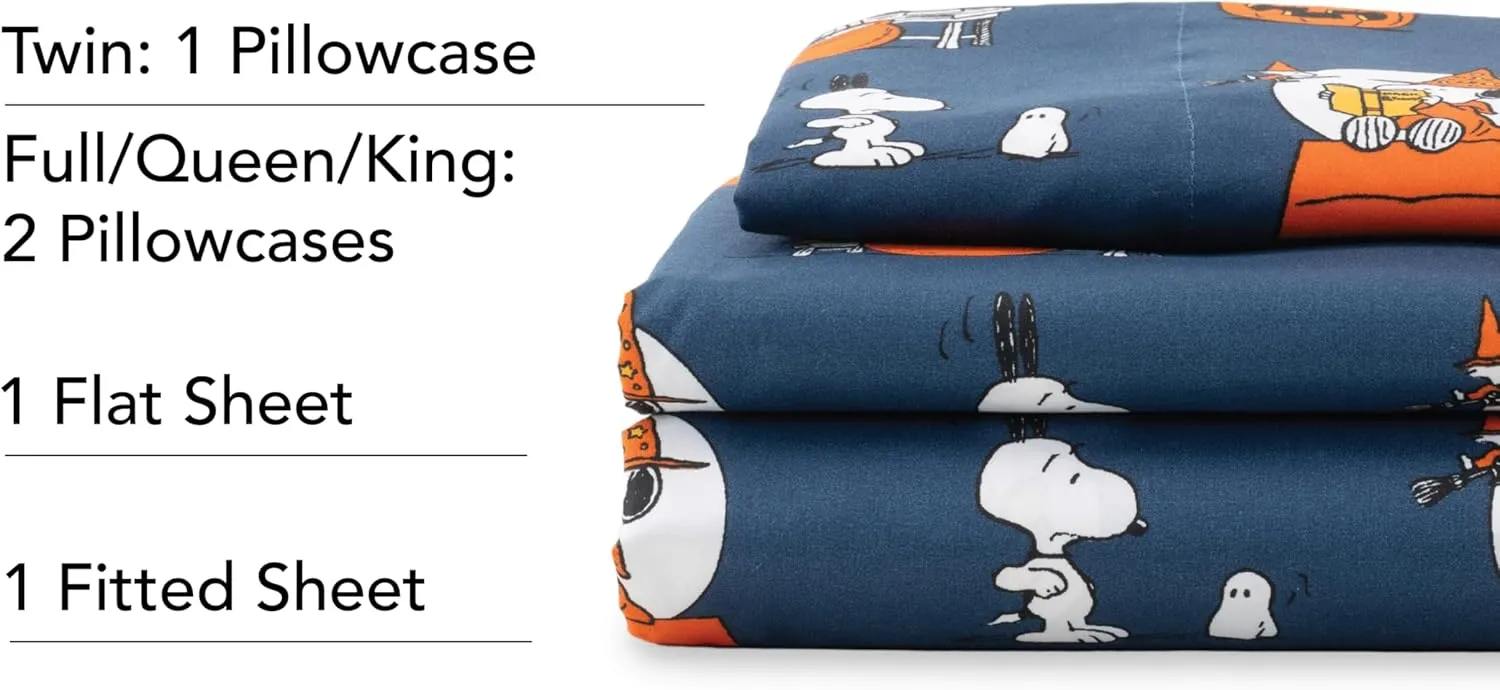 Berkshire Blanket Peanuts® Kids Sheet Set Full Size - 4 Pieces,Cute Character Snoopy Printed Soft Microfiber Bed Sheets,Halloween Magic Potions Sheet Navy