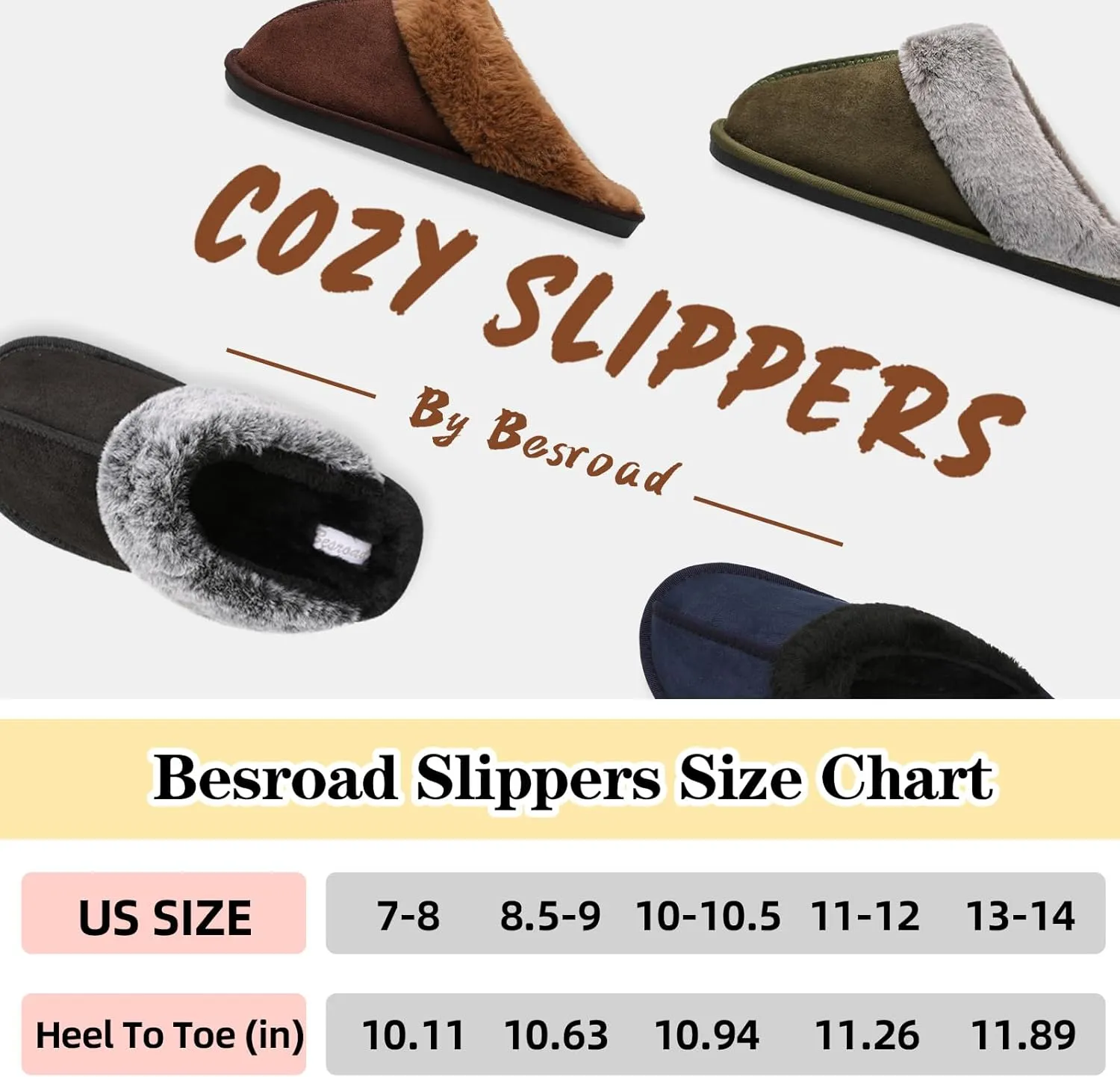 Besroad Mens Slippers Memory Foam House Slippers Warm Fuzzy Bedroom Slide House Shoes Indoor Outdoor Scuff