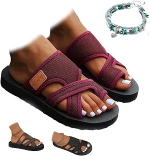 Brahusd Breathable Mesh Slide Sandals for Women, Hollow Mesh Slide Sandals With Toe Loop, Brahusd Sandals Mesh