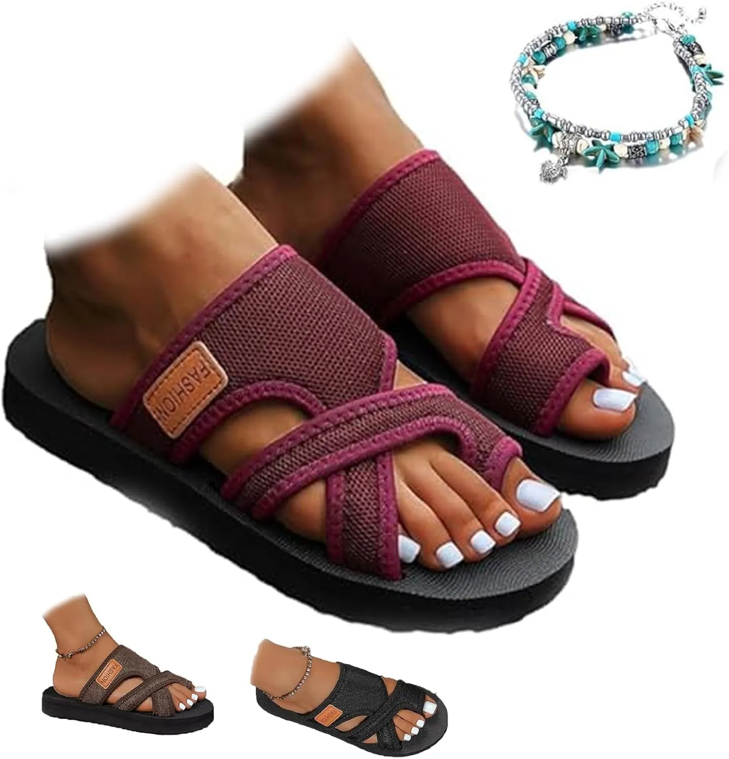 Brahusd Breathable Mesh Slide Sandals for Women, Hollow Mesh Slide Sandals With Toe Loop, Brahusd Sandals Mesh