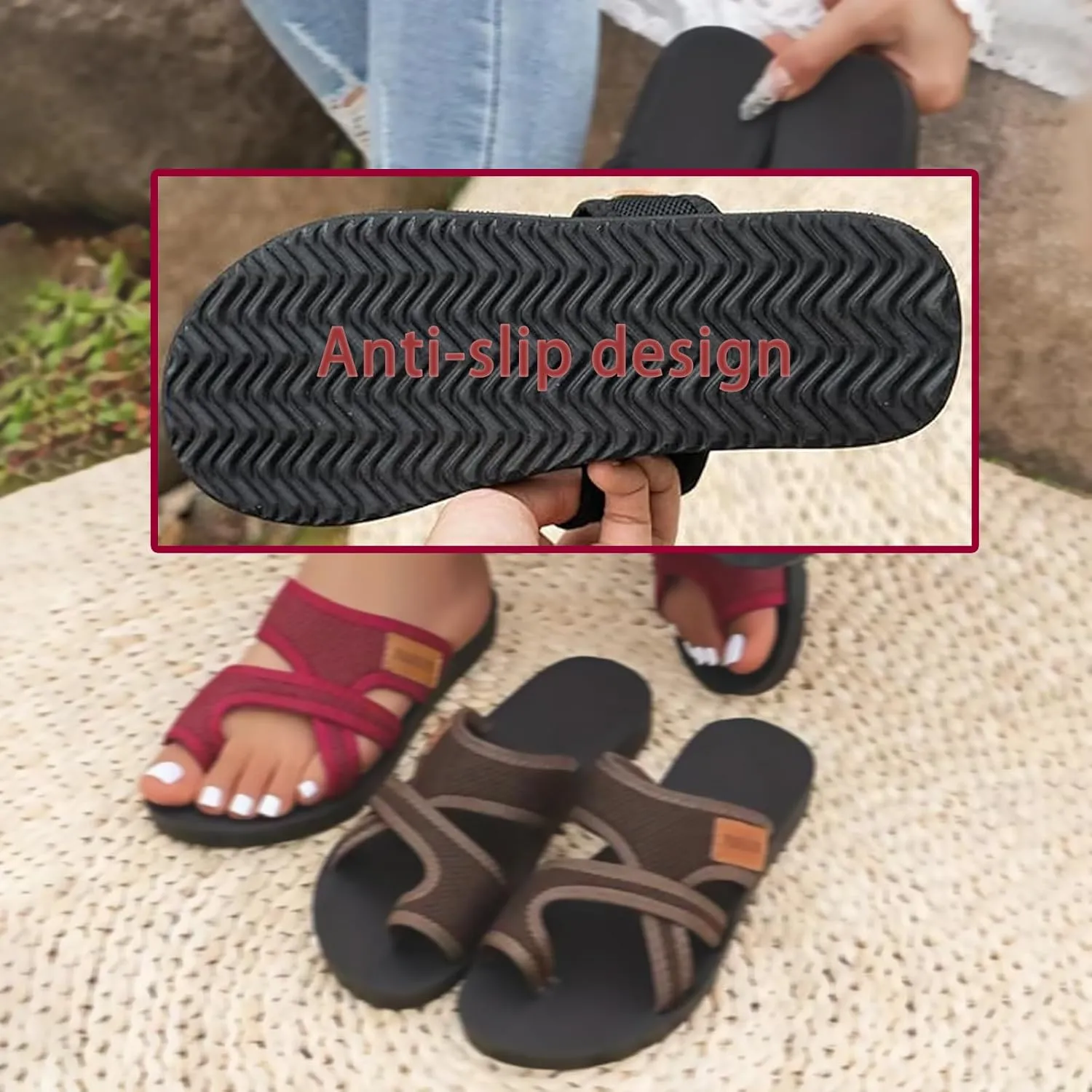 Brahusd Breathable Mesh Slide Sandals for Women, Hollow Mesh Slide Sandals With Toe Loop, Brahusd Sandals Mesh