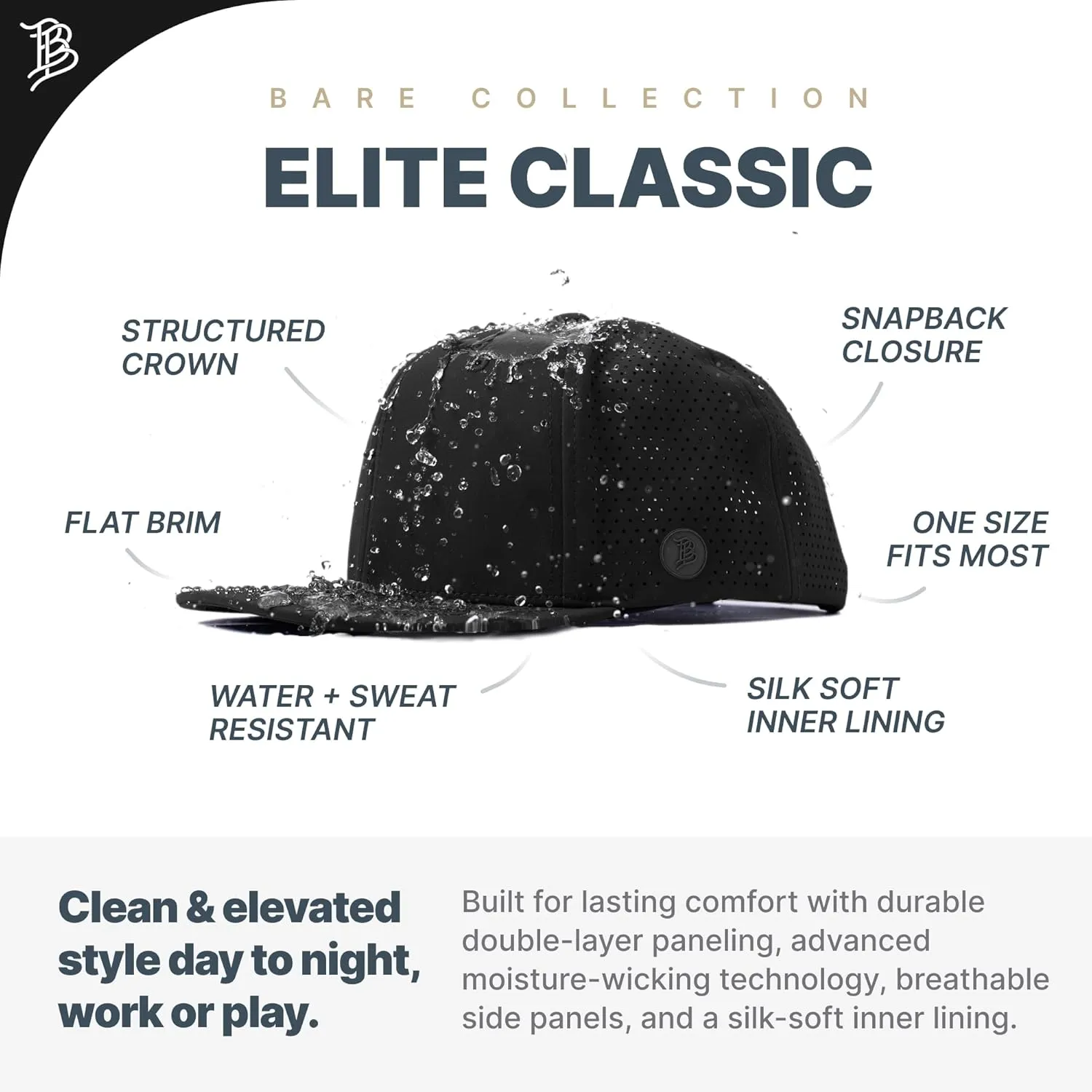 Branded Bills Bare Elite Hat, Performance Paneling, Adjustable Snapback, Silk-Soft Front Lining, Water-Repellent Shell