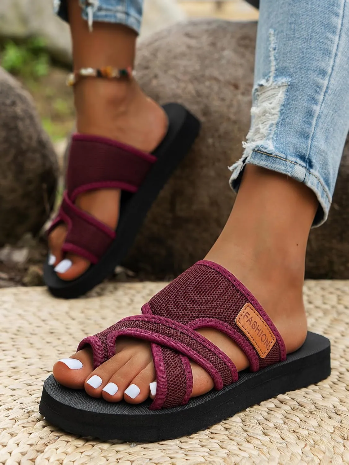 Breathable Mesh Slide Sandals For Women,Hollow Mesh Slide Sandals With Toe Loop, Summer Casual Mesh Flats Slippers