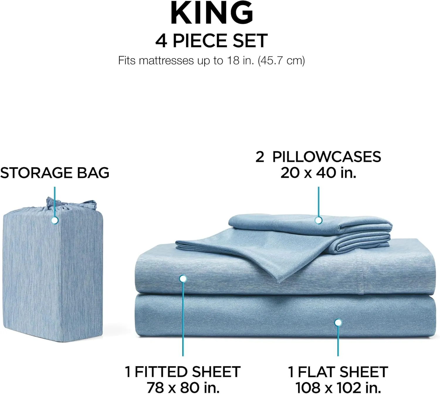 Brookstone Comfort King Sheet Set - Innovative Cooling Sheets for Hot Sleepers - Deep Sleep with Temperature Regulation - 4-Piece Set of Soft Flat, Fitted Sheet, & Two Pillowcases - Faded Denim