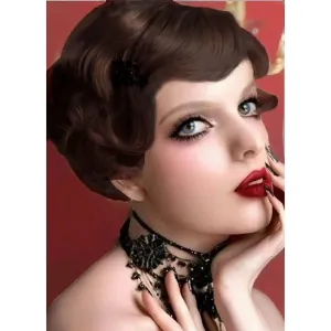 Brown 1920s Wig for Women Short Brown Finger Wave Curly Synthetic Flapper Hair Wig Halloween Cosplay Costume Vintage Party Use
