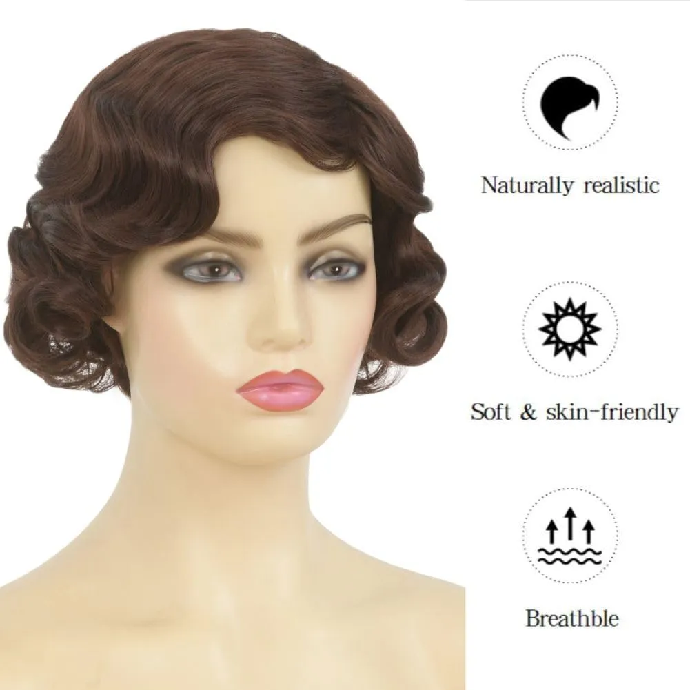 Brown 1920s Wig for Women Short Brown Finger Wave Curly Synthetic Flapper Hair Wig Halloween Cosplay Costume Vintage Party Use