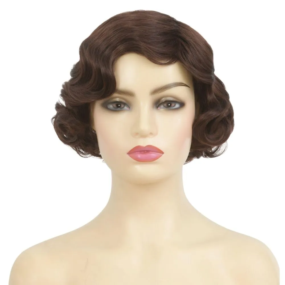 Brown 1920s Wig for Women Short Brown Finger Wave Curly Synthetic Flapper Hair Wig Halloween Cosplay Costume Vintage Party Use