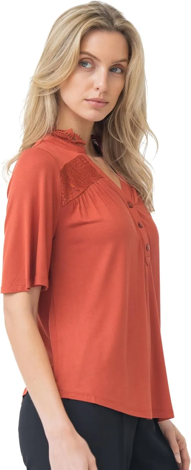 Cable & Gauge Women's Lace Henley Top - 3/4 Sleeve Split Neckline, Soft Jersey Blend, High-Low Design, Chic Casual Top