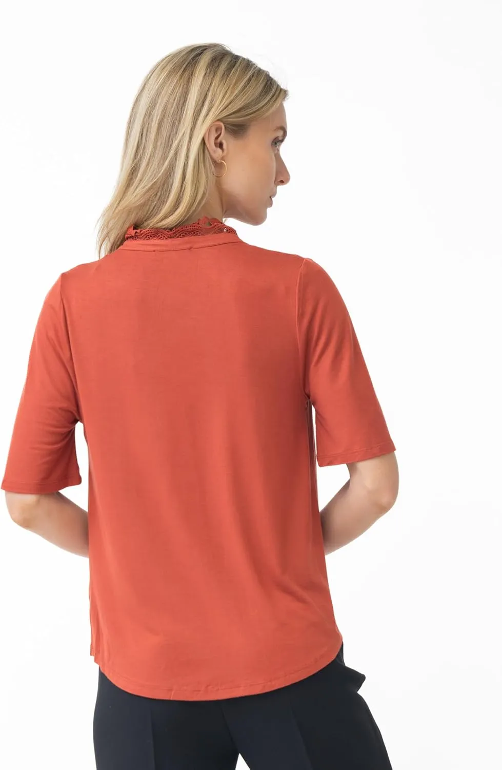 Cable & Gauge Women's Lace Henley Top - 3/4 Sleeve Split Neckline, Soft Jersey Blend, High-Low Design, Chic Casual Top