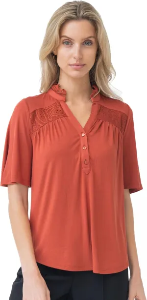 Cable & Gauge Women's Lace Henley Top - 3/4 Sleeve Split Neckline, Soft Jersey Blend, High-Low Design, Chic Casual Top
