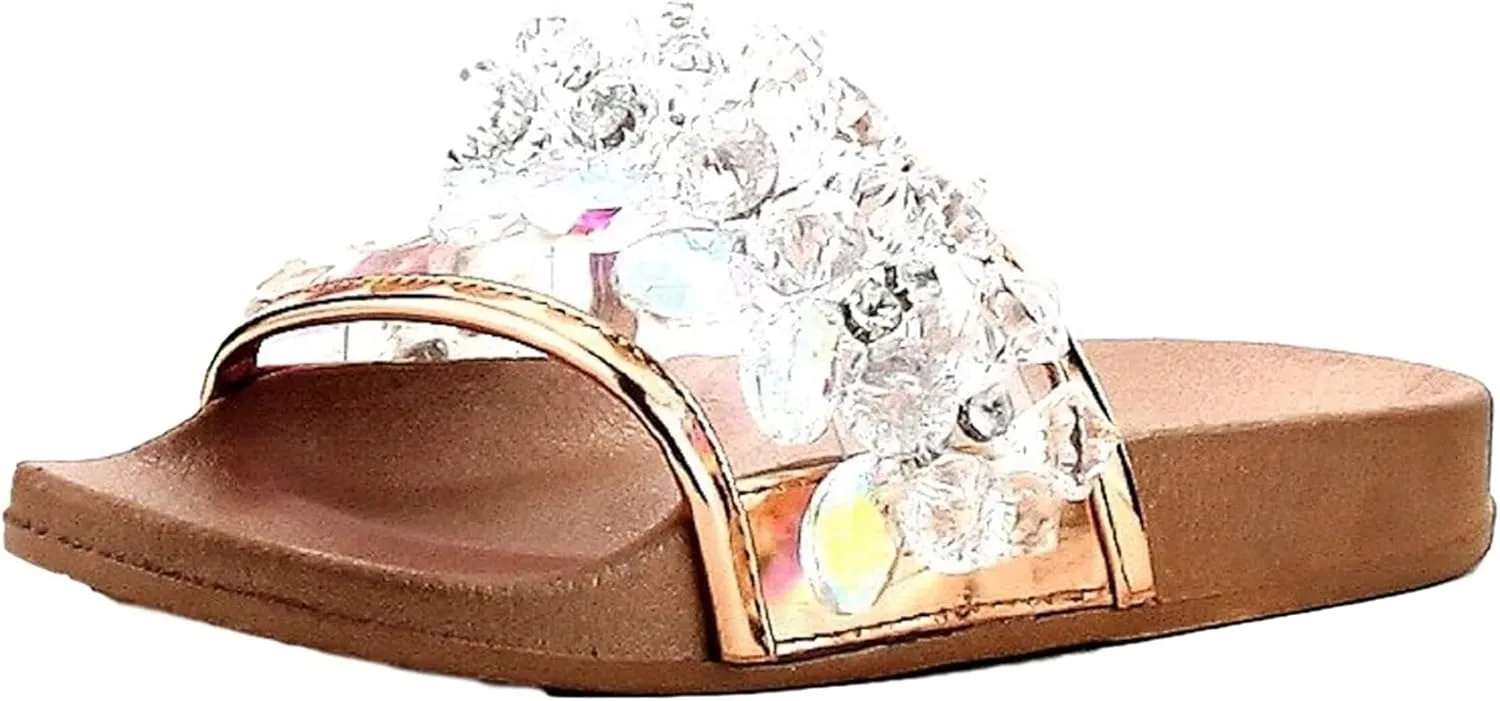 Cape Robbin Moira-63 Rose Gold Crystal Embellished Open Toe Slides Sandals Mules