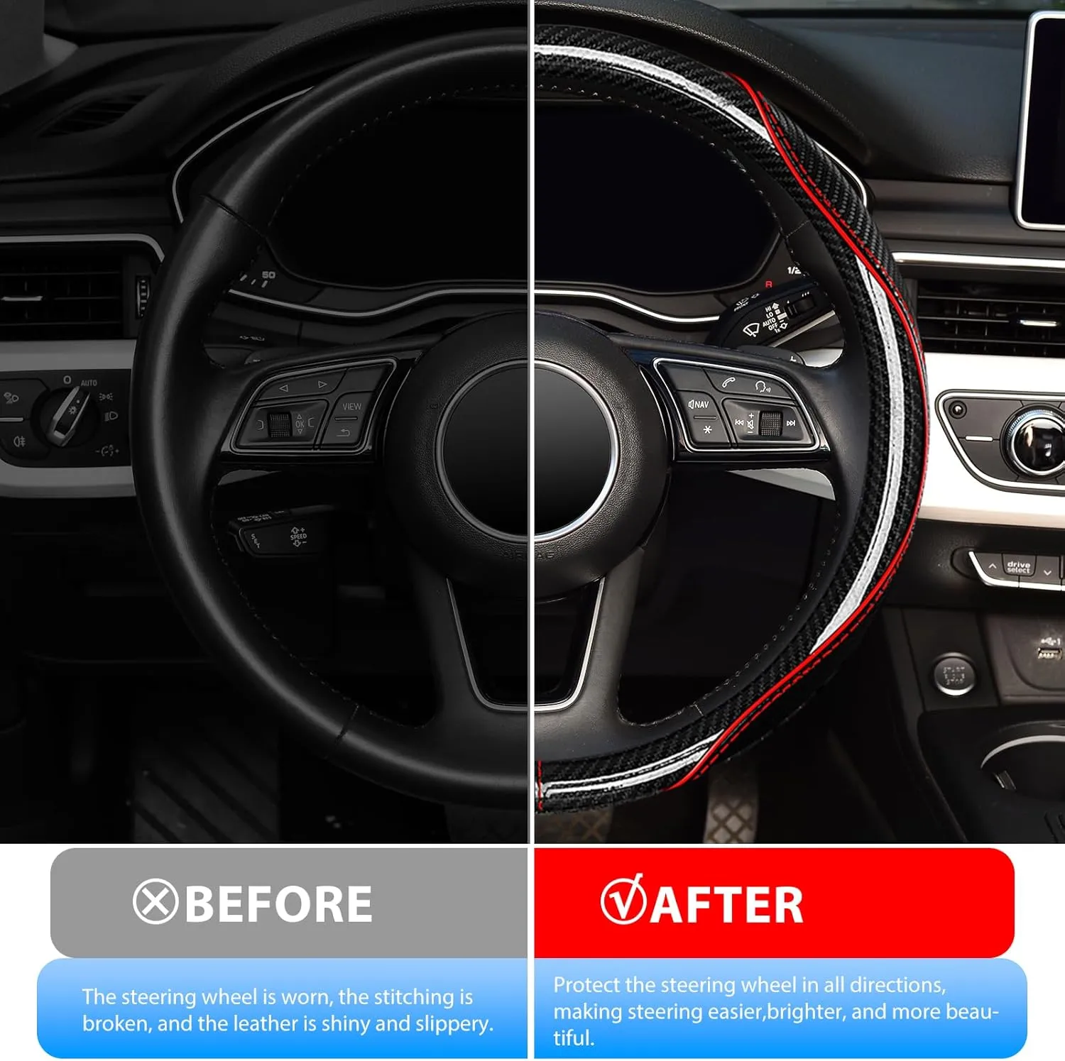 Carbon Fiber Steering Wheel Cover, Universal 15 inch Breathable Microfiber Leather Steering Wheel Covers for Men and Women, Anti Slip Car Interior Accessories, Black