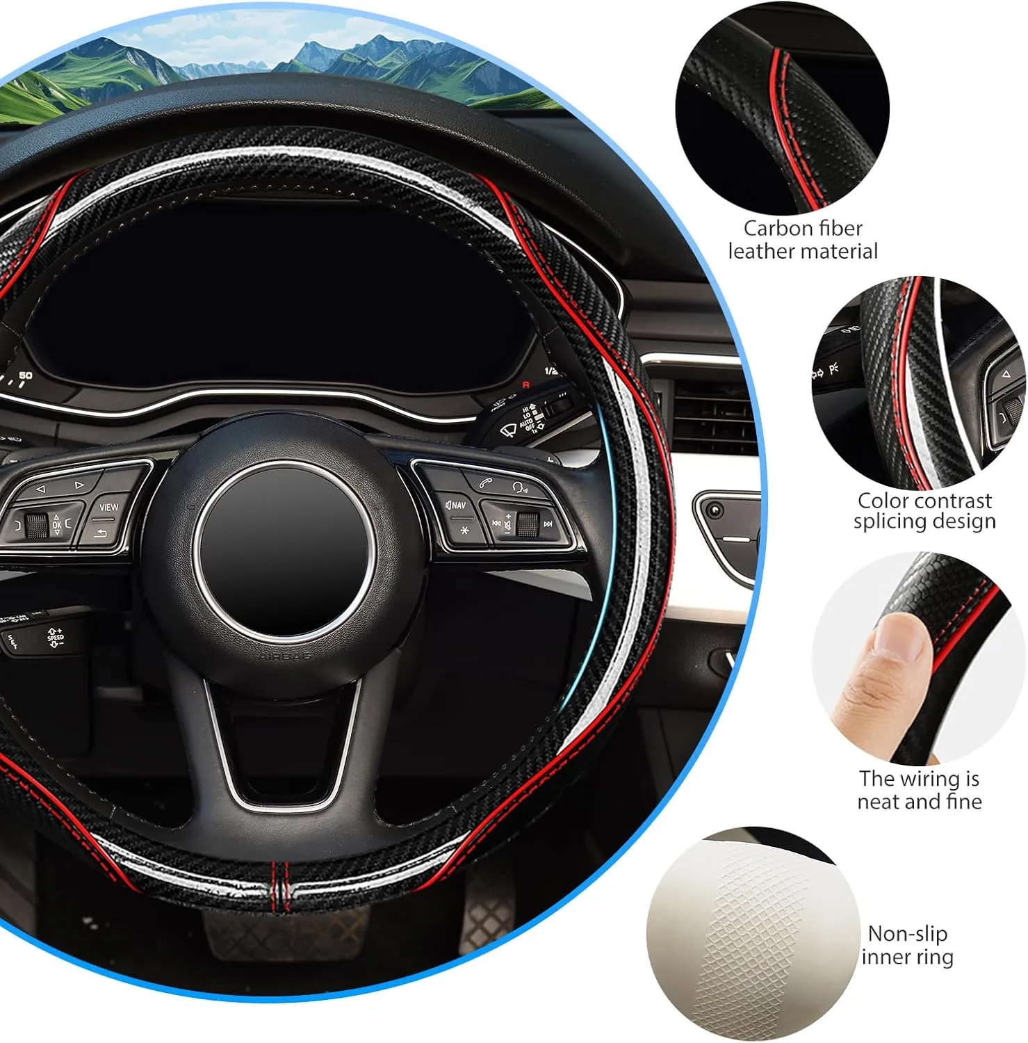 Carbon Fiber Steering Wheel Cover, Universal 15 inch Breathable Microfiber Leather Steering Wheel Covers for Men and Women, Anti Slip Car Interior Accessories, Black