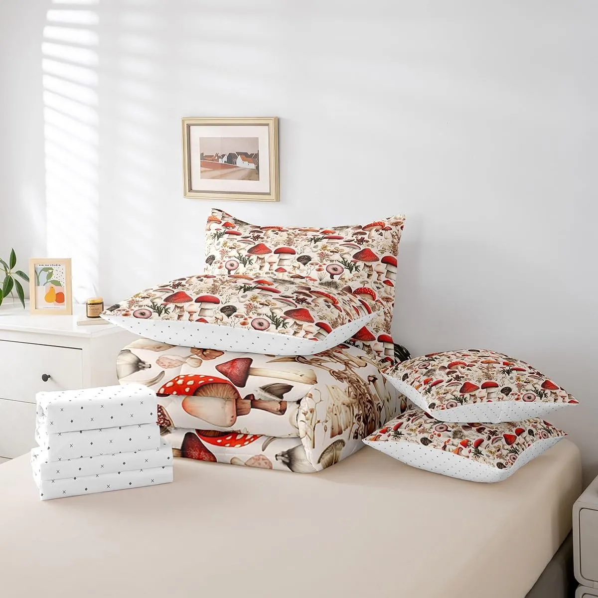 Castle Fairy Mushroom Comforter Set with Sheets Cute Mushrooms Botanical 7 Piece Bedding Set Queen Size for Kids Boys Girls Rutsic Natural Fungus Bed in a Bag Beige Red Soft Bedding Comforters