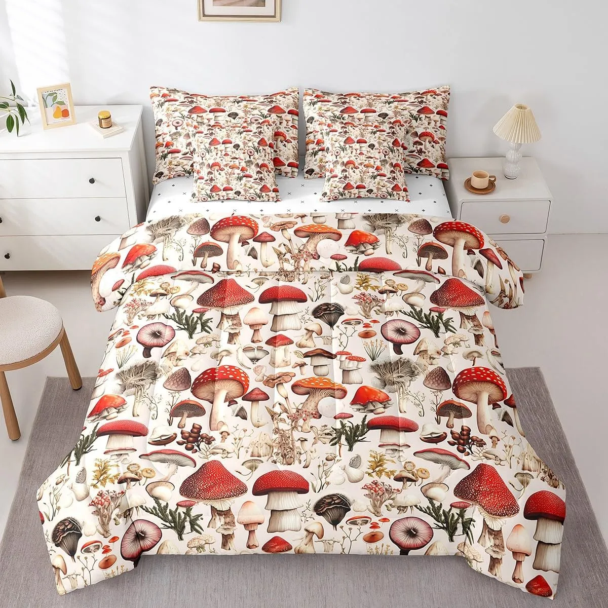 Castle Fairy Mushroom Comforter Set with Sheets Cute Mushrooms Botanical 7 Piece Bedding Set Queen Size for Kids Boys Girls Rutsic Natural Fungus Bed in a Bag Beige Red Soft Bedding Comforters