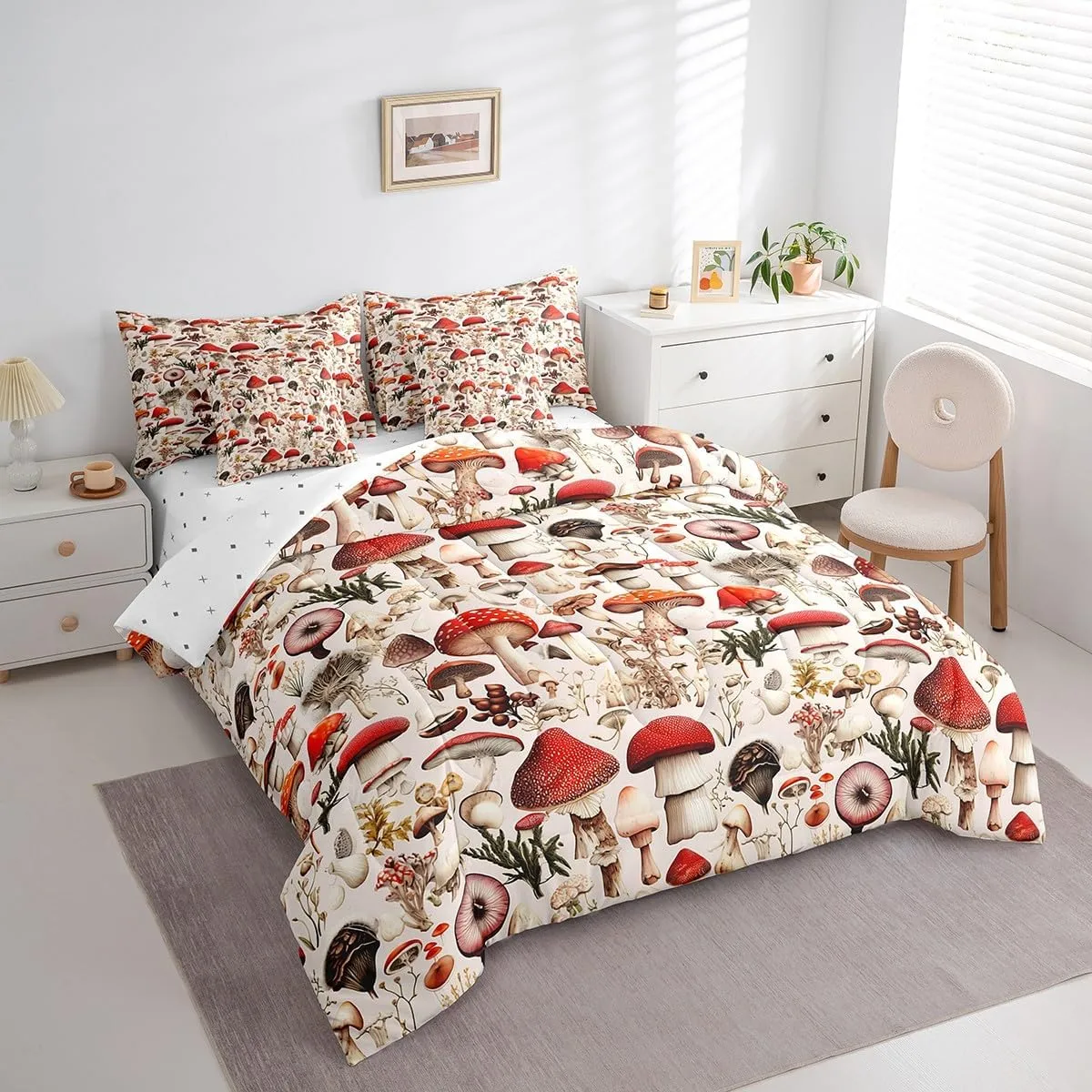 Castle Fairy Mushroom Comforter Set with Sheets Cute Mushrooms Botanical 7 Piece Bedding Set Queen Size for Kids Boys Girls Rutsic Natural Fungus Bed in a Bag Beige Red Soft Bedding Comforters