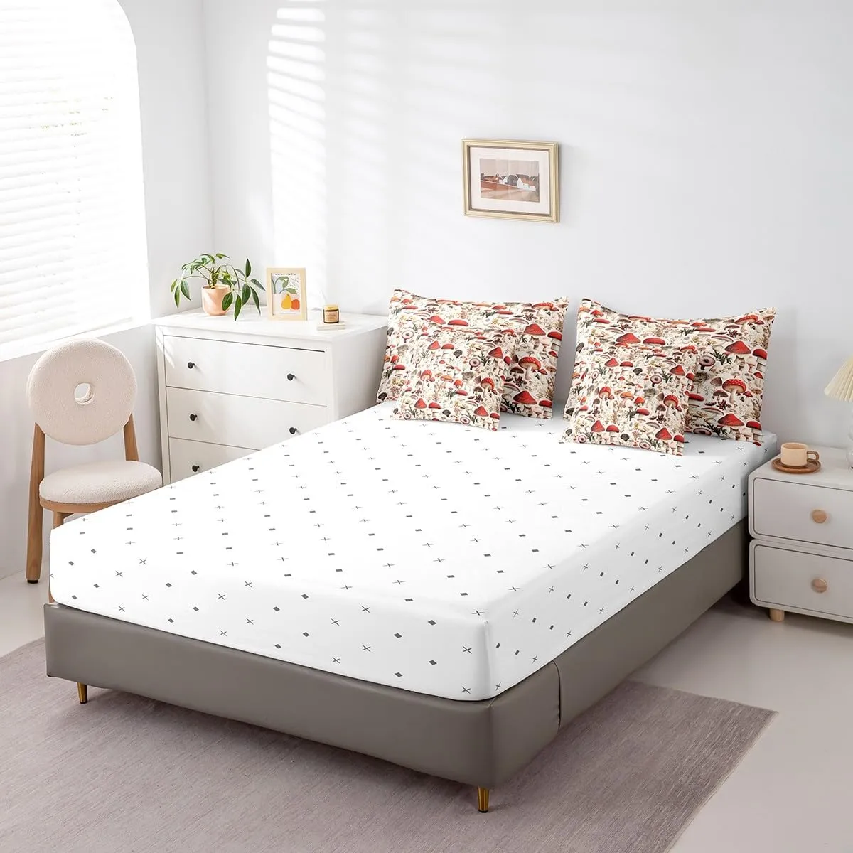 Castle Fairy Mushroom Comforter Set with Sheets Cute Mushrooms Botanical 7 Piece Bedding Set Queen Size for Kids Boys Girls Rutsic Natural Fungus Bed in a Bag Beige Red Soft Bedding Comforters